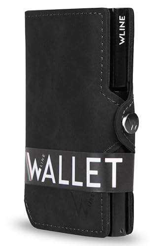 WLine Porta Carte di Credito Uomo e Donna Schermato in Pelle PU - Portafoglio Uomo Slim Rfid Compatto ed Elegante - Portatessere Uomo Tascabile (Nero Vintage senza Zip)