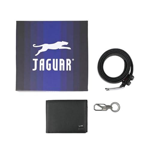 JAGUAR Cofanetto Regalo Uomo Cintura Fodera Pelle Esterno PU, Portafoglio In Vera Pelle e Portachiavi