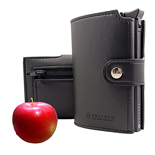 NO MORE LEATHER Portacarte di credito in Pelle di Mela Original – Con Portamonete Made in Italy - Porta Tessere - Blocco RFID - Porta Carte - 10 x 7 x 2,5 cm (Mela Original, Nero)