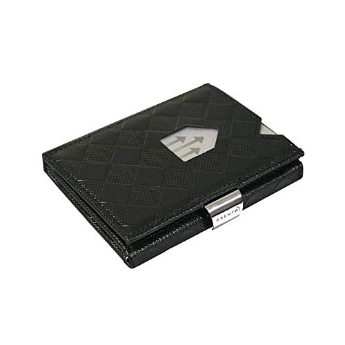 EXENTRI Portafoglio in pelle Trifold a scacchi - Blocco RFID con clip di chiusura in acciaio inossidabile