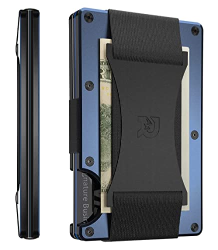 The Ridge Minimalist Slim Wallet For Men - Porta carte di credito tasca frontale con blocco RFID - Portafogli da uomo piccolo in metallo alluminio con cinturino per contanti (blu)