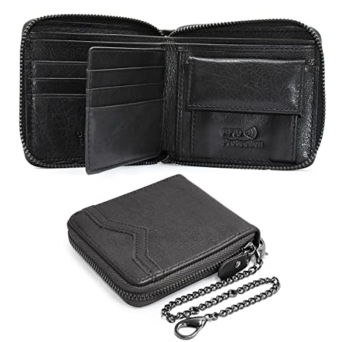 YERUUE Portafoglio Uomo in Vera Pelle Blocco RFID, Portafoglio Uomo Slim Nero con Catena, Bifold Portamonete Uomo Cerniera con 9 Porta Carte di Credito, 1 Finestra ID, Pacco Regalo