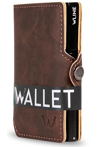 WLine Porta Carte di Credito Uomo e Donna Schermato in Pelle PU - Portafoglio Uomo Slim Rfid Compatto ed Elegante - Portatessere Uomo Tascabile (Marrone Scuro Vintage senza Zip)