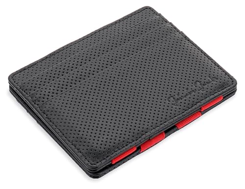 Jaimie Jacobs Portafoglio Magico, Magic Wallet Flap Boy Slim - l'Originale - Protezione RFID, Portafoglio Uomo Piccolo, Porta Carte di Credito, Porta Tessere (Pelle Traforata Nero e Rosso)