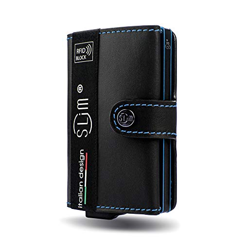 SLim Porta Carte di Credito Schermato Portafoglio Uomo Rfid Portatessere Anticlonazione Donna Portacarte Uomo (Nero Cuciture Blu, Senza Zip)