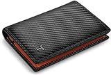 TEEHON® Portafoglio Uomo RFID Blocking Pelle Carbonio con 11 Porta Carte di Credito, 2 Finestra ID, Portamonete Cerniera, 2 Scomparti Banconote, Trifold Verticale - Nero e Arancione