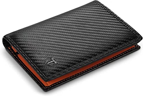 TEEHON® Portafoglio Uomo RFID Blocking Pelle Carbonio con 11 Porta Carte di Credito, 2 Finestra ID, Portamonete Cerniera, 2 Scomparti Banconote, Trifold Verticale - Nero e Arancione