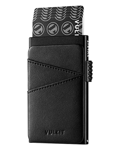 VULKIT Porta Carte di Credito Uomo Slim con Slot in Pelle Porta Carte di Credito Schermato RFID Metallo Rigido Portaschede Uomo Automatico per 5-7 Carte, Nero