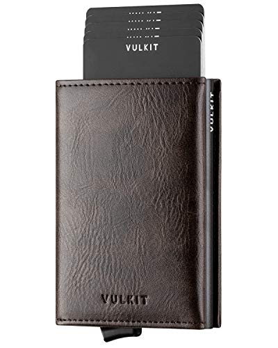 VULKIT Porta Carte di Credito Schermato RFID Portafoglio Uomo Bifold in Pelle Pop Up Automatico e Porta Banconote Tasca Monete con Zip, Espresso