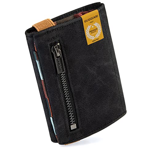 GUGGIARI® Portafoglio Uomo in Pelle di Qualità - Morbido Portafoglio Uomo Slim con Porta Carte di Credito, Portamonete e Contanti - Compatto Porta Carte Credito Uomo con Protezione RFID(Black-Multi)