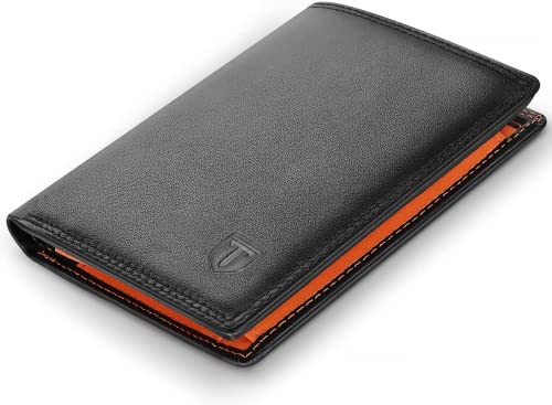 TEEHON® Portafoglio Uomo Brifold Vera Pelle Blocco RFID, con Tasca Portamonete, 12 Porta Carte di Credito, 2 Scomparti Banconote, Finestra ID, Verticale Portafogli - nero e arancione