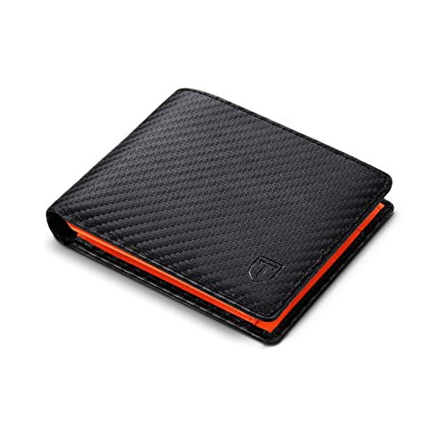 TEEHON® Portafoglio da uomo in vera pelle portamonete con blocco RFID/NFC 9 porta carte di credito, 2 scomparti per banconote, classico portafogli tascabile con scatola regalo, nero, nero/arancione,