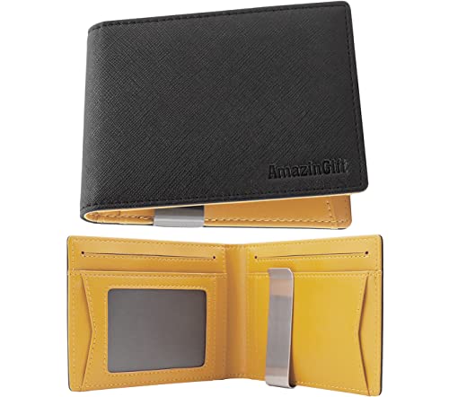 Portafoglio uomo slim. Regalo originale per uomo con clip in metallo. Portafoglio uomo piccolo con blocco RFID per 10 carte di credito, 1 per ID. Amazingift