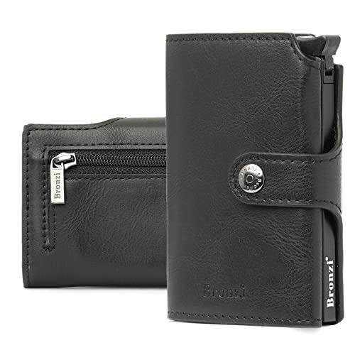 Bronzi® Portafoglio Uomo Slim Piccolo | Portacarte Donna Portatessere Porta Carte Di Credito | Protezione RFID con Portamonete (Nero Pelle)