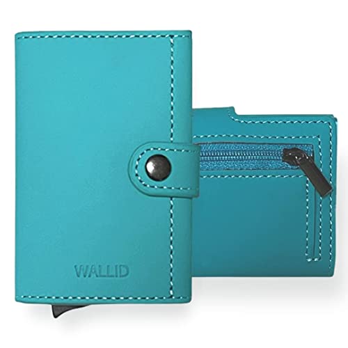 WALLID porta carte di credito portatessere portafoglio slim piccolo uomo e donna box schermato rfid nfc-zip monete - blocco RFID (Turchese)
