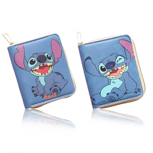 2 Pezzi Portafoglio Bambini, Cartone Animato Portafoglio con Cerniera, Stitch Anime Pattern Portamonete PU Wallet, Moda Mini Short Portamonete, Adatto Ragazzi e Ragazze Festa Compleanno Regalo