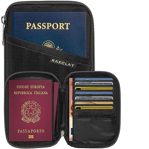 RAXCLAY Portafoglio da Viaggio Compatto Porta Passaporto RFID Documenti Custodia Portadocumenti 9 Carte Uomo Donna 3a-Generazione Piccolo Slim Impermeabile 13 Tasche Protezione Schermato (Nero)