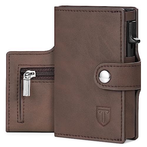 Tomylv Portafoglio Uomo, RFID Slim, Porta Carte di Credito, Tasca con Cerniera e Chiusura con Bottone, Donna, Scomparto per Banconota - Marrone