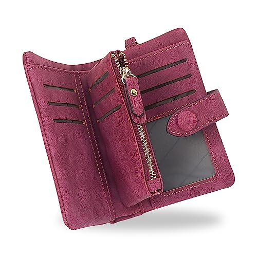 conisy Piccolo Portafoglio Donna in Pelle con blocco RFID, Compatto Portatile Corto Borsellino per Signore con portamonete (Fucsia)