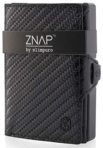 slimpuro ZNAP Porta carte di credito con scomparto per monete - Protezione RFID - Versione a 8 o 12 carte - Portafoglio sottile (Carbon, 12 Carte)